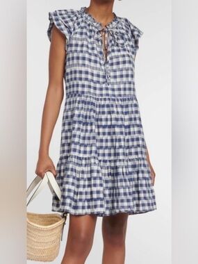 Veronica Beard Zee Navy and White Gingham Ruffle Tie-Front Dress